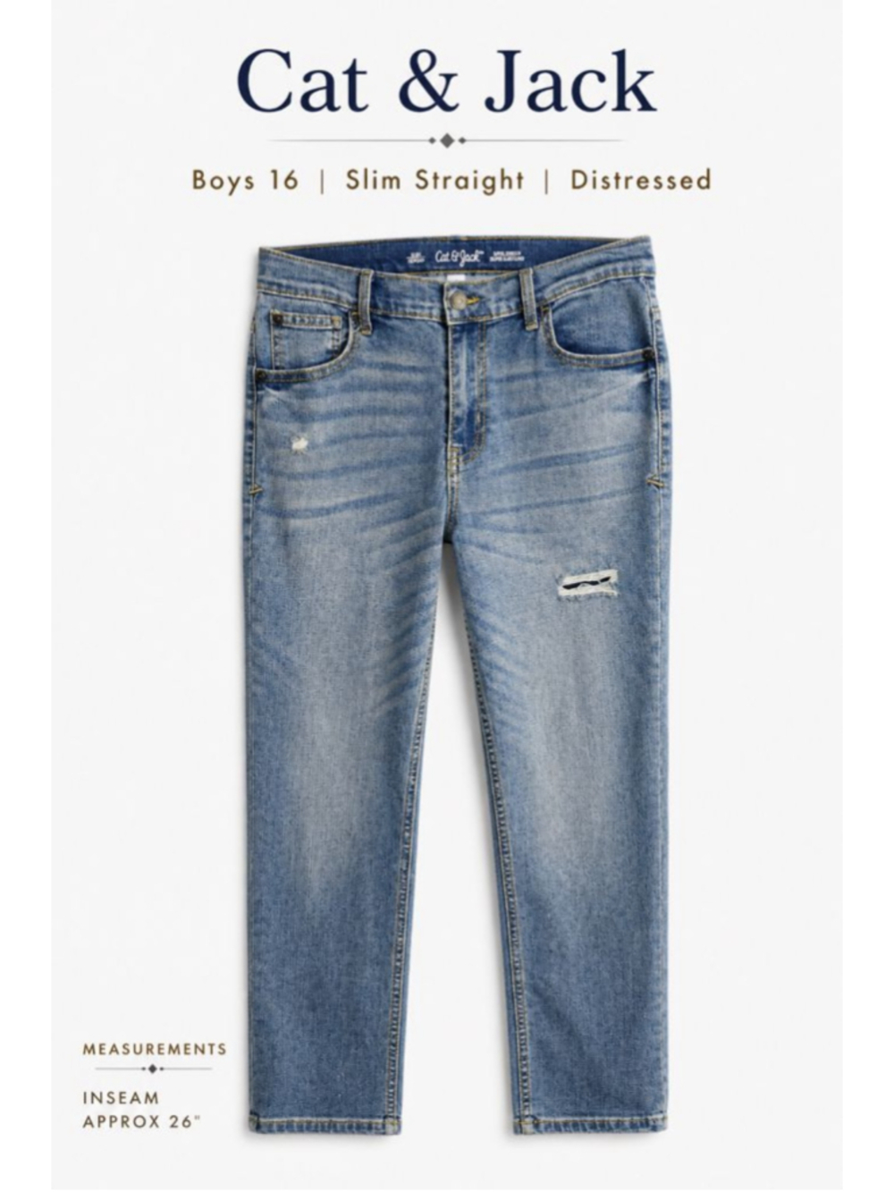 Cat & Jack Boys 16 Slim Straight Jeans Distressed Light Wash Stretch Denim Kids